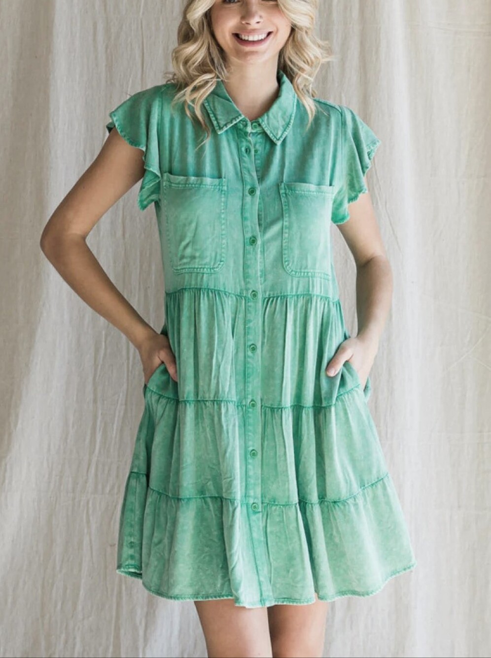 Jodifl Green Acid Washed Babydoll Dress Medium